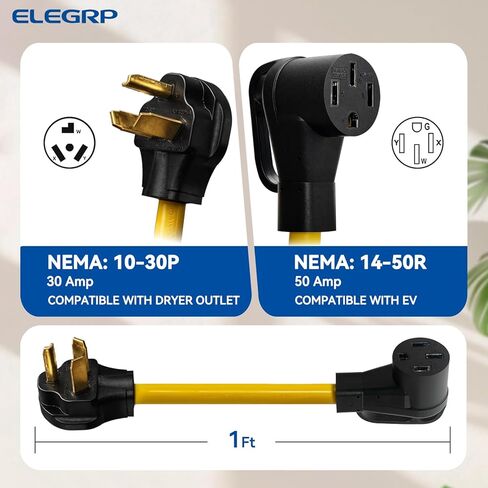 سلك محول ELEGRP NEMA 10-30P إلى 14-50R لشحن المستوى 2 EV، قابس مجفف 1 قدم 30 أمبير إلى محول وعاء 50 أمبير، كابل تمديد عالي التحمل 10 قياس STW متوافق مع طراز Tesla 3/Y/S/X in Kuwait