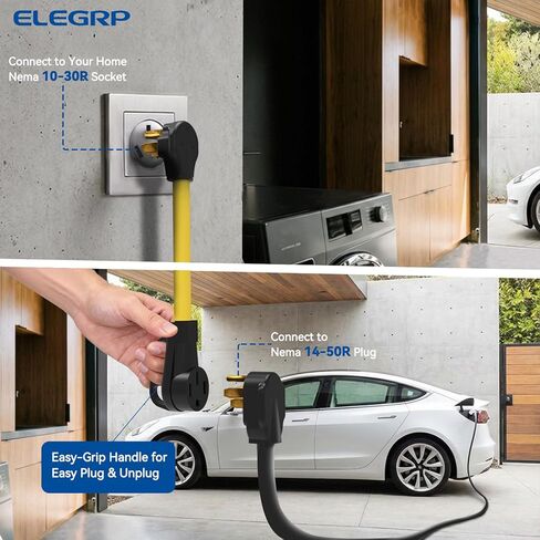 سلك محول ELEGRP NEMA 10-30P إلى 14-50R لشحن المستوى 2 EV، قابس مجفف 1 قدم 30 أمبير إلى محول وعاء 50 أمبير، كابل تمديد عالي التحمل 10 قياس STW متوافق مع طراز Tesla 3/Y/S/X in Kuwait