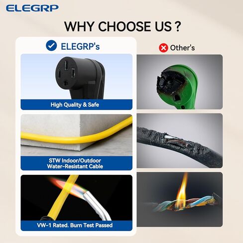 سلك محول ELEGRP NEMA 10-30P إلى 14-50R لشحن المستوى 2 EV، قابس مجفف 1 قدم 30 أمبير إلى محول وعاء 50 أمبير، كابل تمديد عالي التحمل 10 قياس STW متوافق مع طراز Tesla 3/Y/S/X in Kuwait