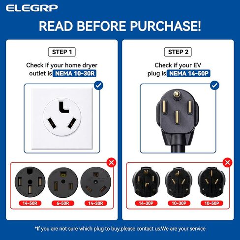 سلك محول ELEGRP NEMA 10-30P إلى 14-50R لشحن المستوى 2 EV، قابس مجفف 1 قدم 30 أمبير إلى محول وعاء 50 أمبير، كابل تمديد عالي التحمل 10 قياس STW متوافق مع طراز Tesla 3/Y/S/X in Kuwait