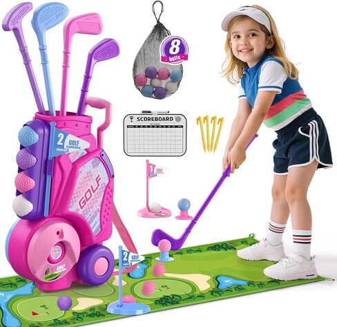 HYES Toddler Golf Set 2-4 Years, Kids Golf Club with 8 Balls, 4 Plastic Clubs, Putting Mat, Scoreboard, Storage Bag, Indoor Outdoor Game with Golf Cart Sport Toy Gift for Baby Boys Girls Age 3-5, Pink in Kuwait