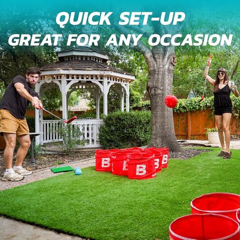 لعبة PopPong Yard Golf Chipping - لعبة الباب الخلفي في الهواء الطلق، لعبة الشاطئ والفناء الخلفي لجميع مستويات المهارة. 12 دلو، 2 سجادة عشب، 2 مضارب قابلة للطي، 4 كرات، تتضمن حقيبة حمل in Kuwait