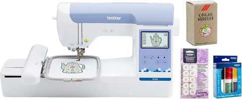 حزمة ماكينة التطريز Brother PE900 - حقل تطريز 5 × 7 بوصة، قطع غرز القفز، شبكة محلية لاسلكية، تتضمن 4 حلقات، 20 خيطًا ممتازًا، ورقة تثبيت، أكثر من 50000 تصميم، ملحقات والمزيد in Kuwait