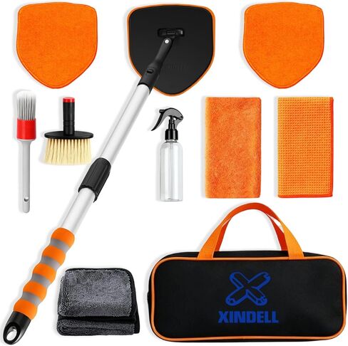 XINDELL Windshield Cleaner Tool, Extendable Car Window Cleaning Kit with 360° Rotating Head, All Purpose 10pcs Interior Exterior Glass Cleaner for Cars Trucks SUVs, with Microfiber Pads & Towels in Kuwait