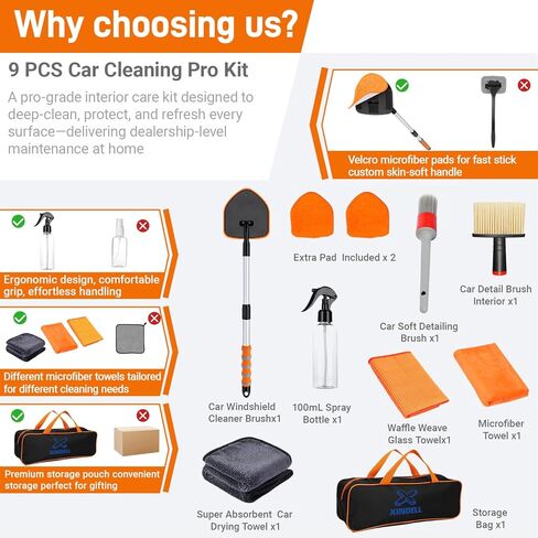 XINDELL Windshield Cleaner Tool, Extendable Car Window Cleaning Kit with 360° Rotating Head, All Purpose 10pcs Interior Exterior Glass Cleaner for Cars Trucks SUVs, with Microfiber Pads & Towels in Kuwait