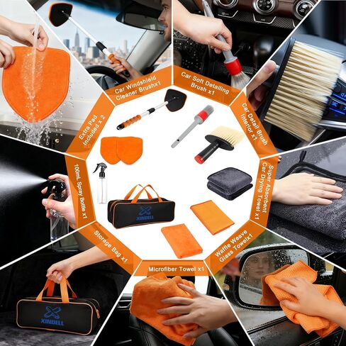 XINDELL Windshield Cleaner Tool, Extendable Car Window Cleaning Kit with 360° Rotating Head, All Purpose 10pcs Interior Exterior Glass Cleaner for Cars Trucks SUVs, with Microfiber Pads & Towels in Kuwait