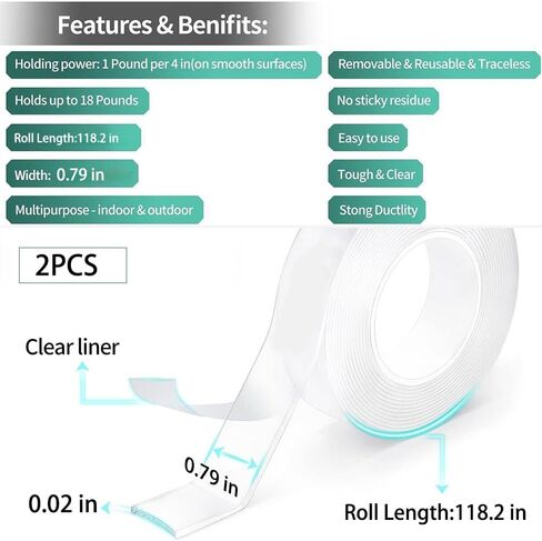 2 Rolls Double-Sided Mounting Tape (10FT), Multipurpose Removable Adhesive Foam Tape, Transparent, Household, Wide 20mm x Thickness 0.5mm in Kuwait