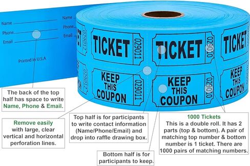 2000 Blue Raffle Tickets, 2 Rolls of 1000 – Double Tickets for Events, Fundraisers, Prizes, and More Yard, Garage & Car Drying 1 in Kuwait