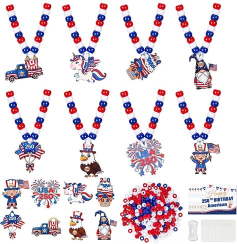 Bafeil 24 Sets 4th of July Bead Necklace Craft Kit, DIY Beads Necklaces Making Crafts with Pendants, Beaded Crafts Gifts for Independent Memorial Day Parade Accessory Patriotic Supplies Party Favor in Saudi Arabia