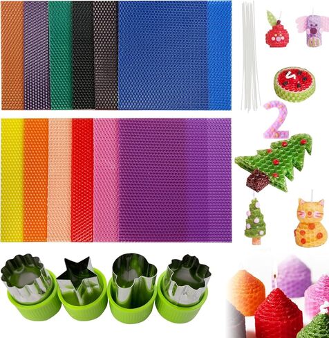 مجموعة صنع شمع العسل من CoolCrafts، 12 قطعة من أوراق شمع العسل بألوان مختلطة مقاس 8 × 8 بوصة مع فتائل، وقواطع الشمع للمشروعات اليدوية in Kuwait