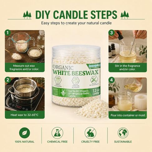 Beeswax Pellets 12oz, Beeswax Wraps for Food, Triple Filtered White Beeswax for Candle Making, Natural Beeswax for Beeswax Wraps & Pine Resin Food Wraps, Wax for Candle Making, DIY Projects, Stamps in Kuwait