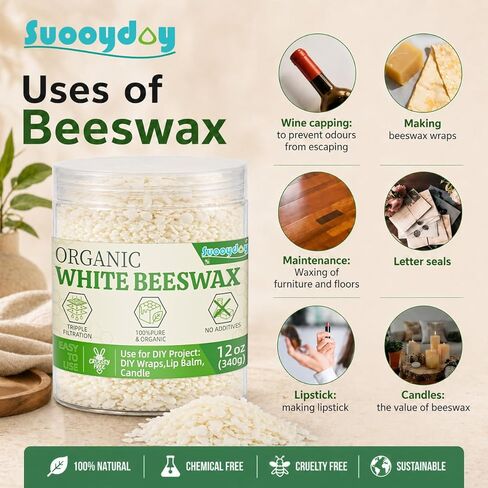 Beeswax Pellets 12oz, Beeswax Wraps for Food, Triple Filtered White Beeswax for Candle Making, Natural Beeswax for Beeswax Wraps & Pine Resin Food Wraps, Wax for Candle Making, DIY Projects, Stamps in Kuwait