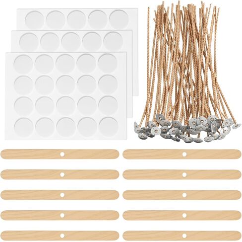 Candle Wicks for Candle Making, 50pcs Candle Making Wicks with 10 Pcs Wooden Candle Wick Holders and 60Pcs Candle Wick Stickers for Soy Wax Beeswax Coconut Wax Candle Making Supplies in Kuwait