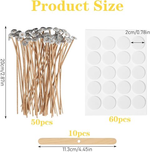 Candle Wicks for Candle Making, 50pcs Candle Making Wicks with 10 Pcs Wooden Candle Wick Holders and 60Pcs Candle Wick Stickers for Soy Wax Beeswax Coconut Wax Candle Making Supplies in Kuwait