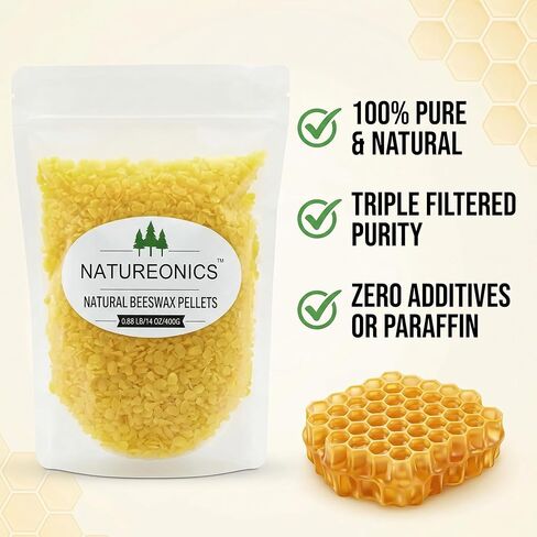 حبيبات شمع العسل الصفراء 400 جرام من Natureonics - 100% من حبيبات شمع العسل النقية والطبيعية من الدرجة التجميلية لصنع الشموع، ومرطب الشفاه DIY، والكريمات، واللوشن، وصناعة الصابون - خرزات ثلاثية مفلترة سهلة الذوبان (14.1 أونصة) in Saudi Arabia
