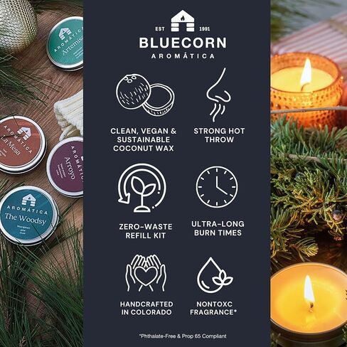 Bluecorn Aromática Ponderosa Pine Scented Candle Refill Kit – Pine, Fir Needle, Cedar & Cypress | Essential Oils | Clean-Burning Coconut Wax | 100% Compostable Pouch | DIY Candle Refill | Made in USA in Saudi Arabia