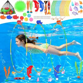 EULRGAUS Pool Toys, 34PCS Swim Thru Rings Pool Games, Diving Toys with Diving Rings, Underwater Treasures, Diving Gems, Water Toys with Splash Balls, Water Frisbee, Swim Toys for Kids, Boys and Girls in Saudi Arabia