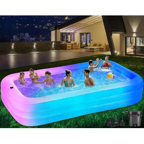 Large Solar Inflatable Pool with Lights, 130"x72"x22", Oversized Thickened Blow Up Pool with Pump, 7 Color Changed Family Swimming Pool for Backyard, Outdoor in Kuwait