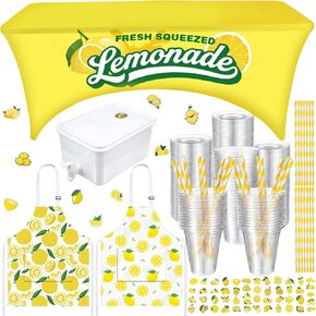 154 Pcs Fresh Lemonade Stand Kits Lemon Booth Party Supplies Include Spandex Tablecloth Apron Stickers Pitcher Plastic Cups with Lids Straw for Photo Props Outdoor Lemon Themed Party Decor in Saudi Arabia