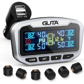 نظام مراقبة ضغط الإطارات GUTA RV، TPMS للمقطورة، 6 أجهزة استشعار، 6 أوضاع تنبيه، إشارة طويلة المدى، شحن CLA ومخرجين USB-A، شاشة LCD قابلة للتعديل، مثالية لمقطورة شاحنة RV (0-188psi) in Kuwait