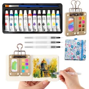 Mini Watercolor Paint Set, Portable Pocket Artist Water Color, Artist Palette Sets with Colours, Book,Binder Clip,Pens,Wooden Paint Box, Drawing Kit for Beginners, Art Enthusiasts in Kuwait