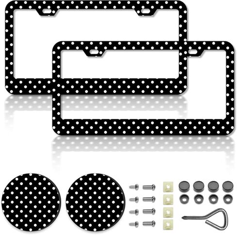 Polka Dots License Plate Frames，Polka dots Car Accessories for Women and Men ，Cute License Plate，Aluminum License Plate Frame Fits Standard US Vehicles Size 12.2 x 6 Inch (Black-Polka dots) in Saudi Arabia