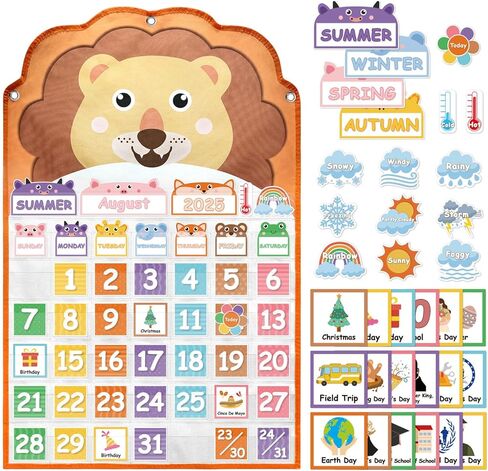 Animal Face Monthly Calendar Pocket Chart for kids,Educational Calendar Pocket Chart Set with Weather Cards, Months, Numbers 1-31, Holidays and Special Events, Lion Design in Kuwait