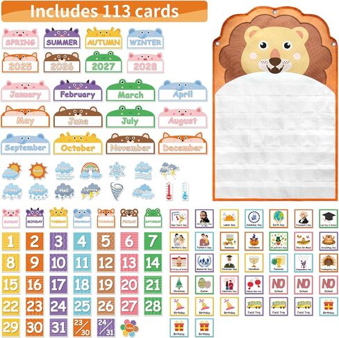 Animal Face Monthly Calendar Pocket Chart for kids,Educational Calendar Pocket Chart Set with Weather Cards, Months, Numbers 1-31, Holidays and Special Events, Lion Design in Kuwait