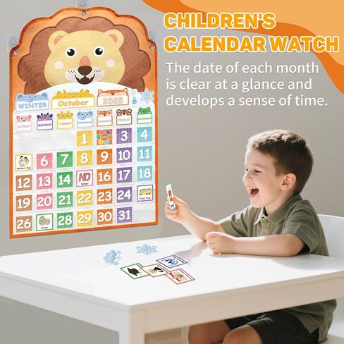 Animal Face Monthly Calendar Pocket Chart for kids,Educational Calendar Pocket Chart Set with Weather Cards, Months, Numbers 1-31, Holidays and Special Events, Lion Design in Kuwait