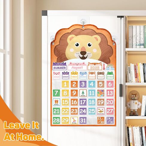 Animal Face Monthly Calendar Pocket Chart for kids,Educational Calendar Pocket Chart Set with Weather Cards, Months, Numbers 1-31, Holidays and Special Events, Lion Design in Kuwait