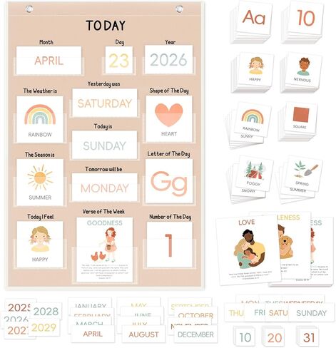 Calendar Pocket Chart for Kids, 21.5"H×14.25"L, 155 Laminated Cards with Back Storage Pocket, Early Education Teaching Supplies in Kuwait
