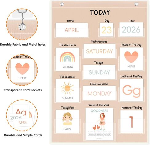 Calendar Pocket Chart for Kids, 21.5"H×14.25"L, 155 Laminated Cards with Back Storage Pocket, Early Education Teaching Supplies in Kuwait