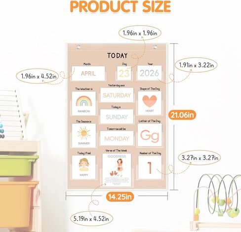 Calendar Pocket Chart for Kids, 21.5"H×14.25"L, 155 Laminated Cards with Back Storage Pocket, Early Education Teaching Supplies in Kuwait
