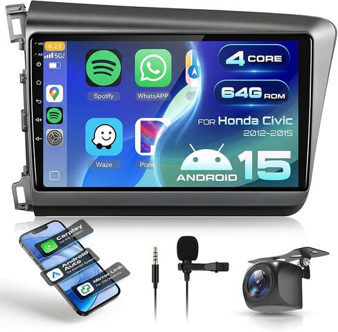 ستيريو سيارة أندرويد لهوندا سيفيك 2012-2015، راديو السيارة اللاسلكي Carplay Android Auto، 2G+64G 9 بوصة شاشة لمس وحدة رئيسية مع نظام تحديد المواقع واي فاي بلوتوث مرآة رابط FM RDS كاميرا احتياطية وميكروفون in Kuwait