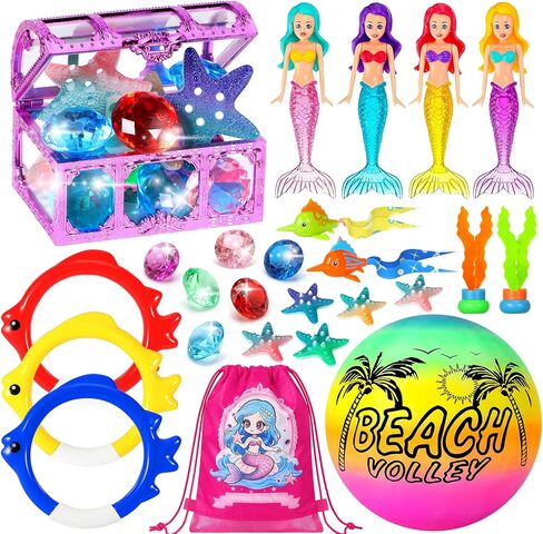 Pool Diving Toys for Kids Ages 3-12, DRAMATION 25 Pcs Mermaid Dive Pool Toys with Diving Gems and Treasure Chest, Diving Rings, Storage Bag, Summer Beach Swim Water Sinking Toys for Boys Girls 3-5 4-8 in Kuwait