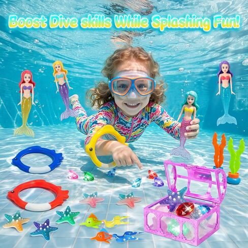 Pool Diving Toys for Kids Ages 3-12, DRAMATION 25 Pcs Mermaid Dive Pool Toys with Diving Gems and Treasure Chest, Diving Rings, Storage Bag, Summer Beach Swim Water Sinking Toys for Boys Girls 3-5 4-8 in Kuwait