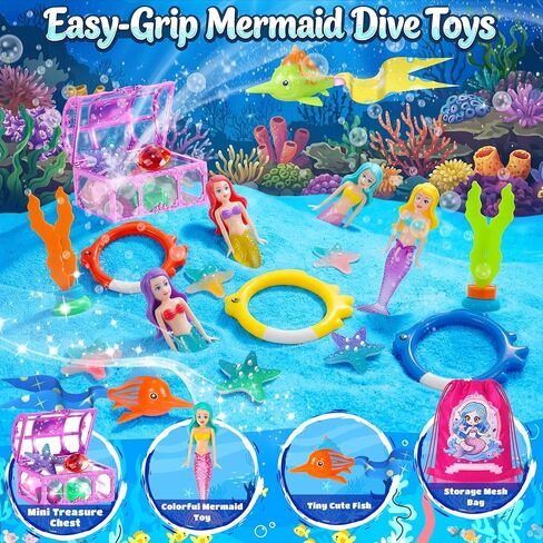 Pool Diving Toys for Kids Ages 3-12, DRAMATION 25 Pcs Mermaid Dive Pool Toys with Diving Gems and Treasure Chest, Diving Rings, Storage Bag, Summer Beach Swim Water Sinking Toys for Boys Girls 3-5 4-8 in Kuwait