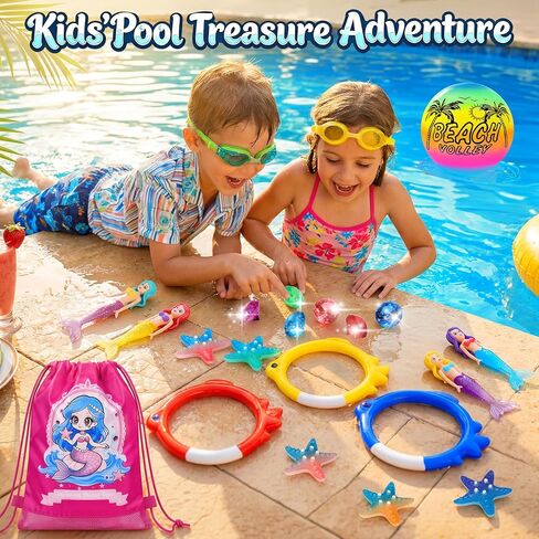 Pool Diving Toys for Kids Ages 3-12, DRAMATION 25 Pcs Mermaid Dive Pool Toys with Diving Gems and Treasure Chest, Diving Rings, Storage Bag, Summer Beach Swim Water Sinking Toys for Boys Girls 3-5 4-8 in Kuwait