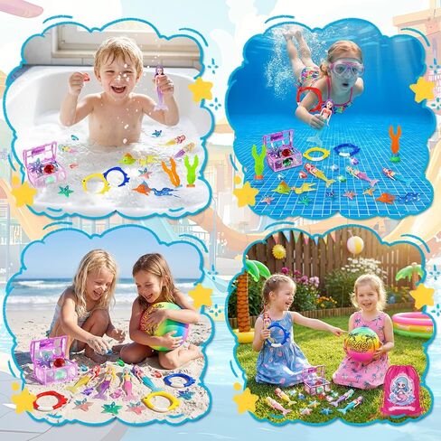 Pool Diving Toys for Kids Ages 3-12, DRAMATION 25 Pcs Mermaid Dive Pool Toys with Diving Gems and Treasure Chest, Diving Rings, Storage Bag, Summer Beach Swim Water Sinking Toys for Boys Girls 3-5 4-8 in Kuwait