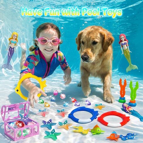Pool Diving Toys for Kids Ages 3-12, DRAMATION 25 Pcs Mermaid Dive Pool Toys with Diving Gems and Treasure Chest, Diving Rings, Storage Bag, Summer Beach Swim Water Sinking Toys for Boys Girls 3-5 4-8 in Kuwait