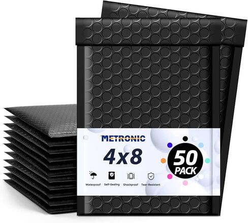 Metronic 4x8 Inch Bubble Mailer 50 Pack,Black Bubble Mailers, Waterproof Self Seal Adhesive Shipping Bags,Padded Envelopes for Shipping, Mailing, Packaging, Bulk #000, Bubble Mailers Usable Size 4x7 in Kuwait