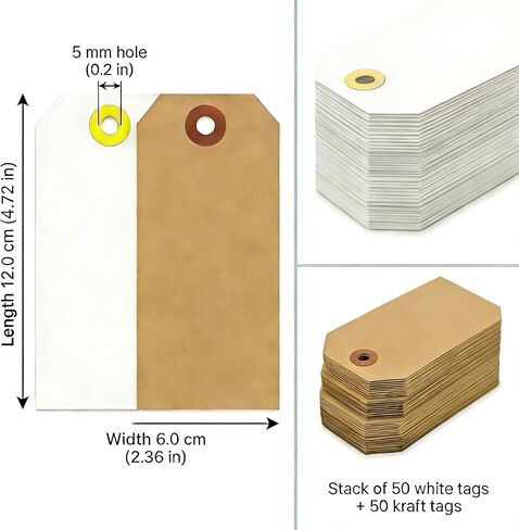 100 Pack Shipping Tags with Strings Included, Blank Hang Tags 4 3/4" x 2 3/8", Assorted White & Kraft Cardstock, Sturdy Marking Tags for Gifts, Clothing, Inventory & Price Tags in Kuwait
