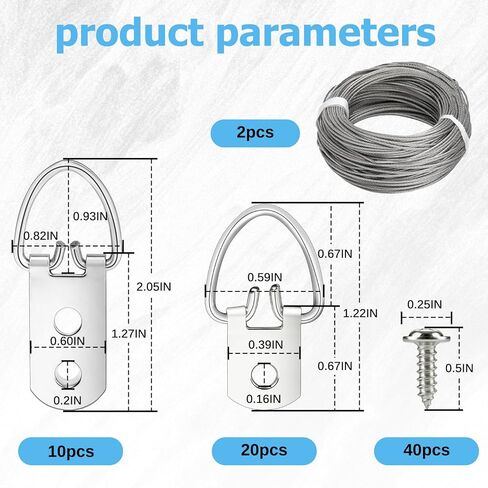 (2 Sizes, 72PCS) D-Ring Picture Hangers with Hanging Wire Kit – 20 Single Hole & 10 Double Hole Hangers with 40 Screws | Heavy Duty Wall Hooks for Frames, Mirrors, Canvas, and Artwork in Kuwait