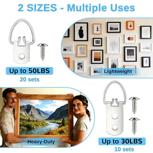 (2 Sizes, 72PCS) D-Ring Picture Hangers with Hanging Wire Kit – 20 Single Hole & 10 Double Hole Hangers with 40 Screws | Heavy Duty Wall Hooks for Frames, Mirrors, Canvas, and Artwork in Kuwait