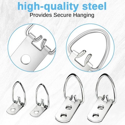 (2 Sizes, 72PCS) D-Ring Picture Hangers with Hanging Wire Kit – 20 Single Hole & 10 Double Hole Hangers with 40 Screws | Heavy Duty Wall Hooks for Frames, Mirrors, Canvas, and Artwork in Kuwait