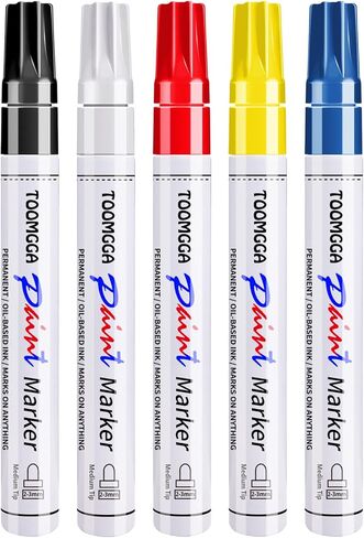 TOOMGGA Paint Pens Permanent Paint Markers - 5 Colors Oil Based Marking Pens, Medium Point, Quick Drying and Waterproof Pens for Rock Painting Car Tyre Metal, Plastic, Canvas, Wood, Glass in Kuwait