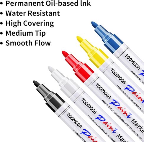 TOOMGGA Paint Pens Permanent Paint Markers - 5 Colors Oil Based Marking Pens, Medium Point, Quick Drying and Waterproof Pens for Rock Painting Car Tyre Metal, Plastic, Canvas, Wood, Glass in Kuwait