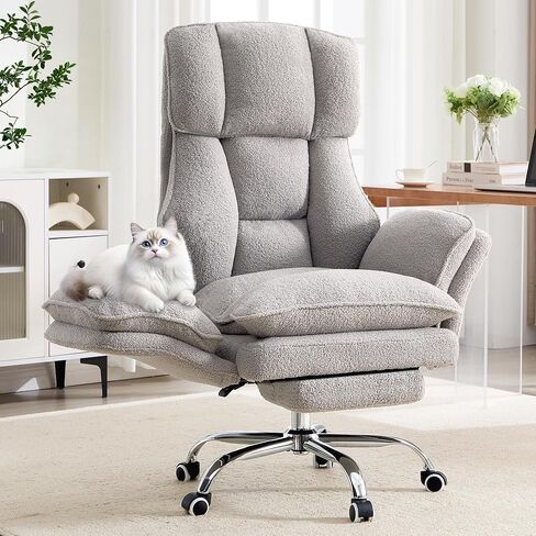 Big and Tall Office Chair with Flip Arms and Footrest, Criss Cross Legged Home Office Desk Chair with Pet Seat, Comfy Reclining Computer Gaming Chair, Teddy Khaki in Kuwait
