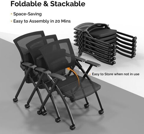 Stackable Office Chair with Wheels - Heavy Duty Folding Chair with Padded Seat & Flex Back, 350lb Capacity - Conference, Training Room, Guest, Reception - 1 Pack, Black in Saudi Arabia