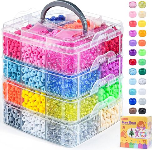Dowsabel 4800PCS Pony Beads Bulk, 24 Colors Kandi Beads 6x9mm Large Hole for Friendship Bracelets, Jewelry Making, Hair Braiding, DIY Art Craft Gifts - Shockproof Protective Gift Packaging in Kuwait